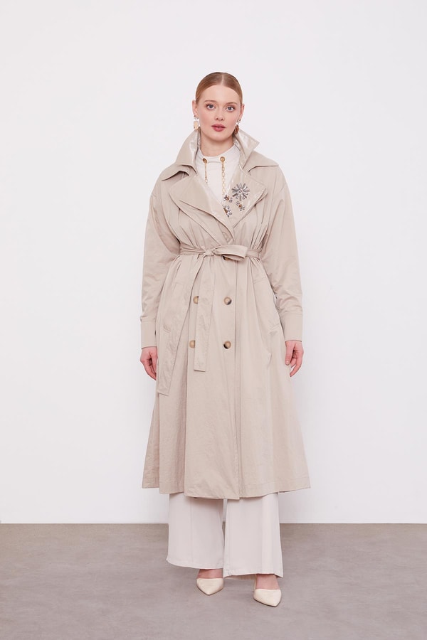 LevidorBej Kuşaklı Cepli Trençkot