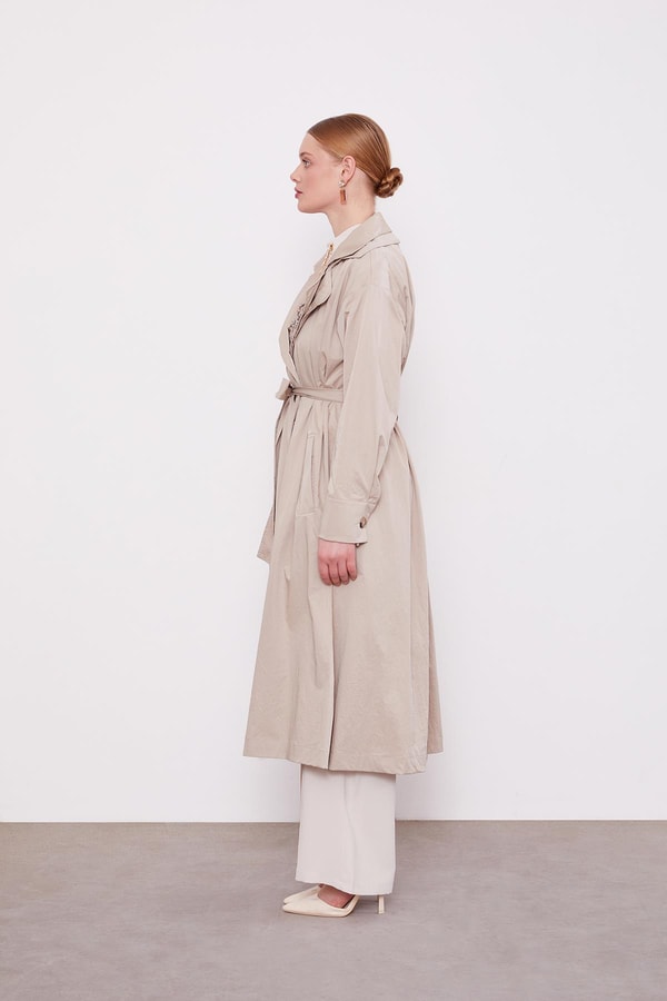 LevidorBej Kuşaklı Cepli Trençkot