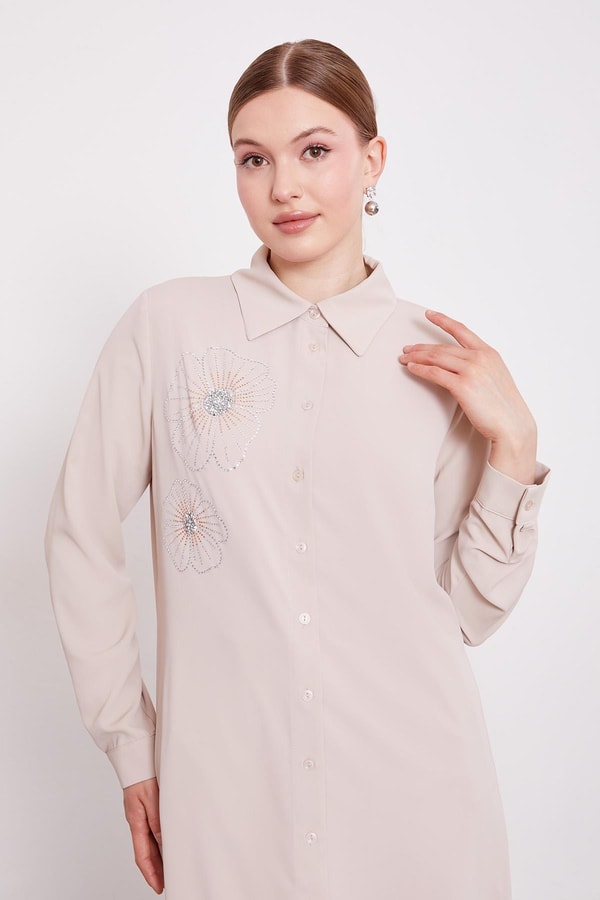 LevidorBej Taş Çiçek Desen Baskılı Tunik