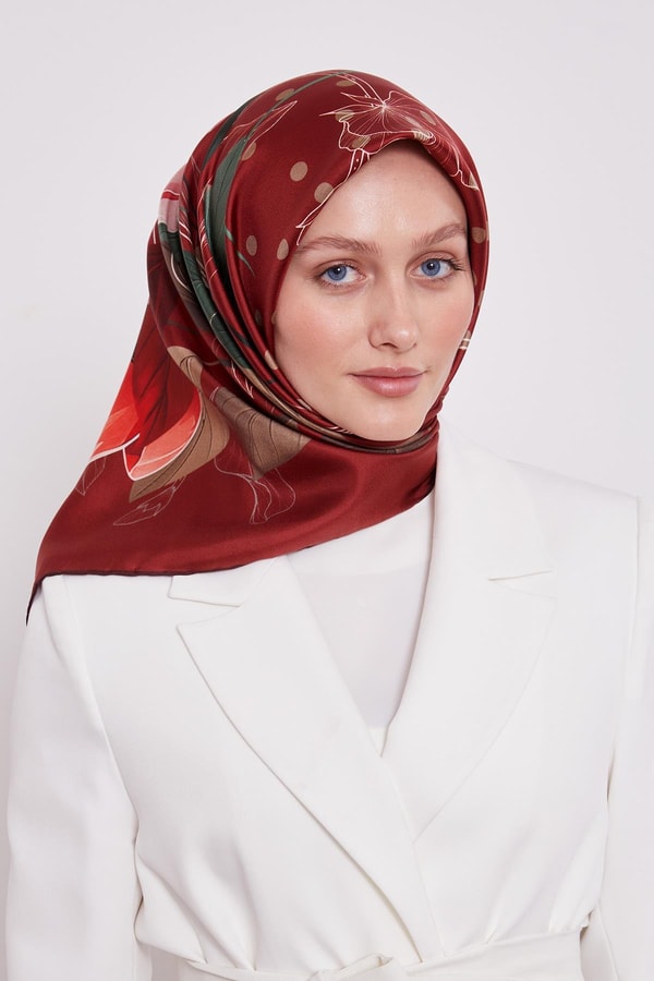 LevidorBordo Lotus Çiçek Desen Twill İpek Eşarp
