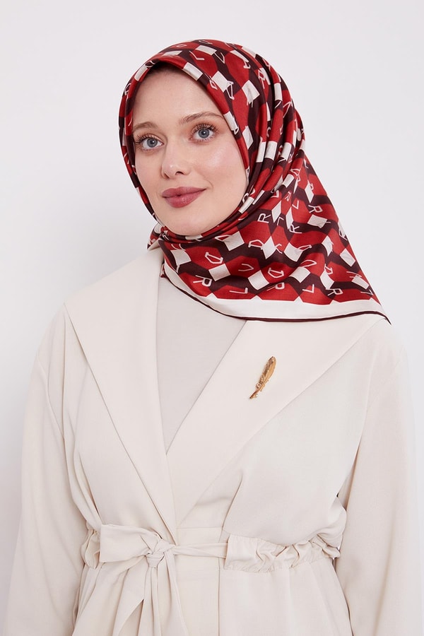 LevidorBordo Petek Baskılı Twill İpek Eşarp