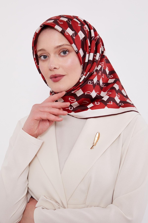 LevidorBordo Petek Baskılı Twill İpek Eşarp