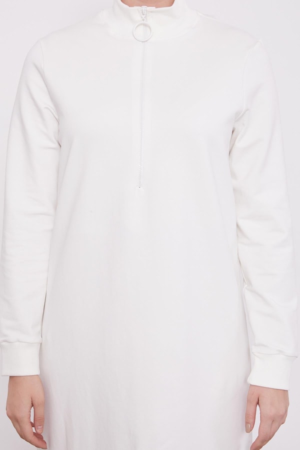 LevidorEkru Dik Yaka Fermuar Kapamalı Penye Tunik