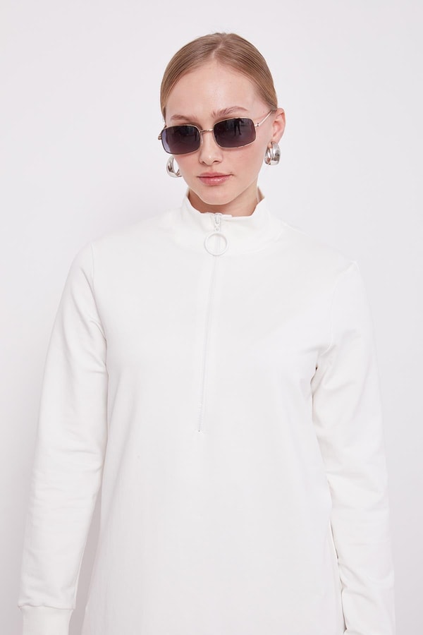 LevidorEkru Dik Yaka Fermuar Kapamalı Penye Tunik