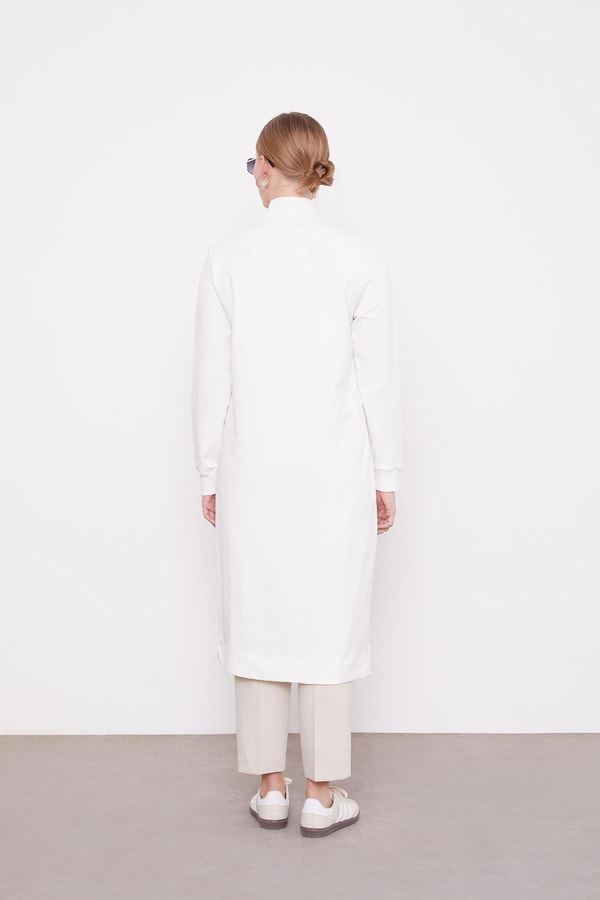 LevidorEkru Dik Yaka Fermuar Kapamalı Penye Tunik