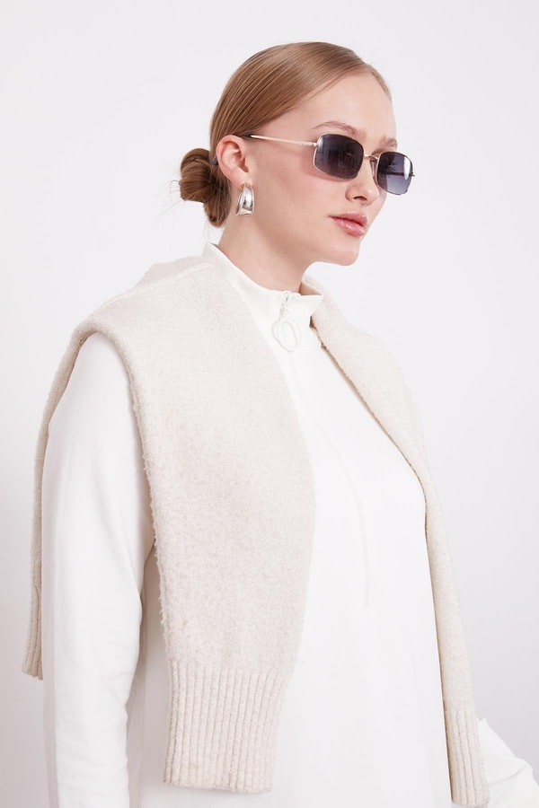 LevidorEkru Dik Yaka Fermuar Kapamalı Penye Tunik