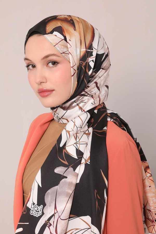 LevidorEkru Soyut Çiçek Desen Twill Şal