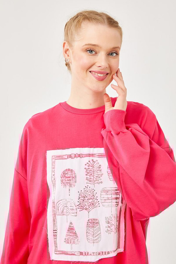 LevidorFuşya Bisiklet Yaka Baskılı Sweat
