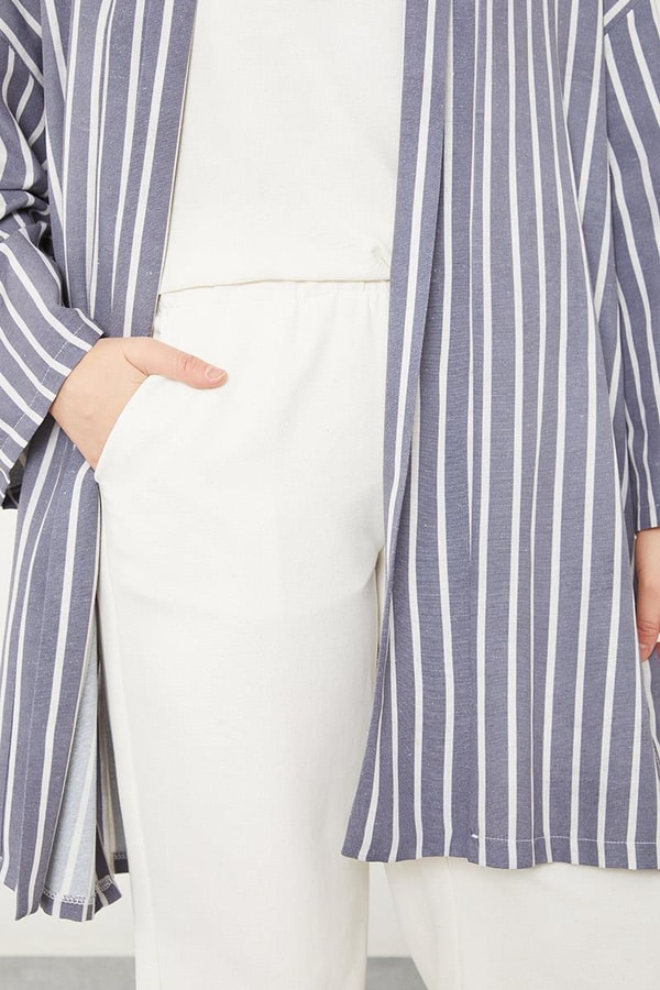Levidorİndigo Çizgili Desen Kimono Takım