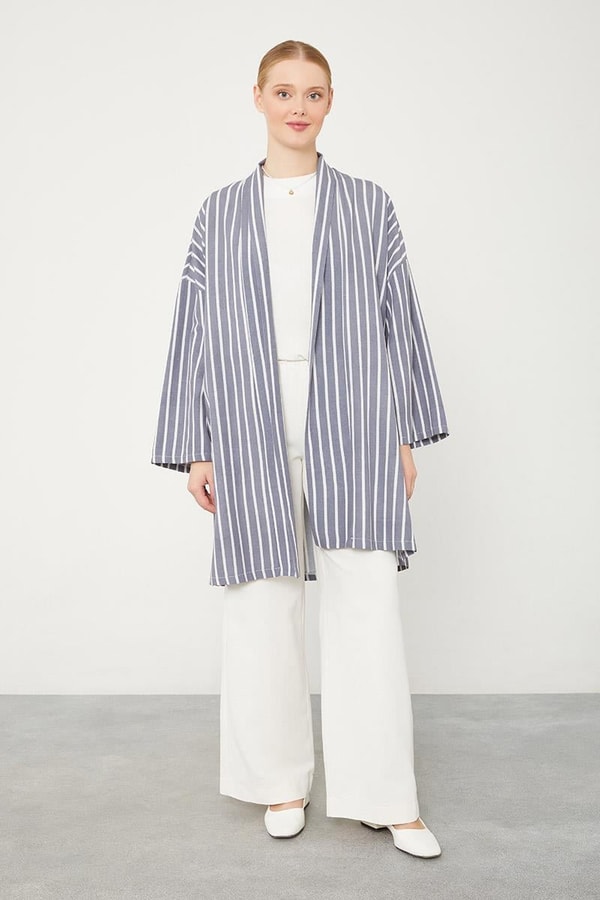 Levidorİndigo Çizgili Desen Kimono Takım