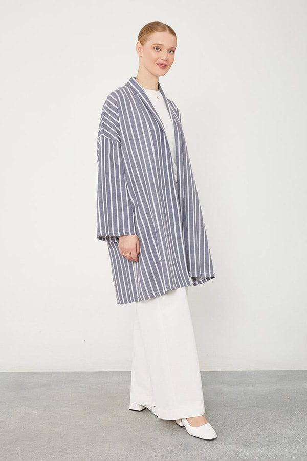 Levidorİndigo Çizgili Desen Kimono Takım