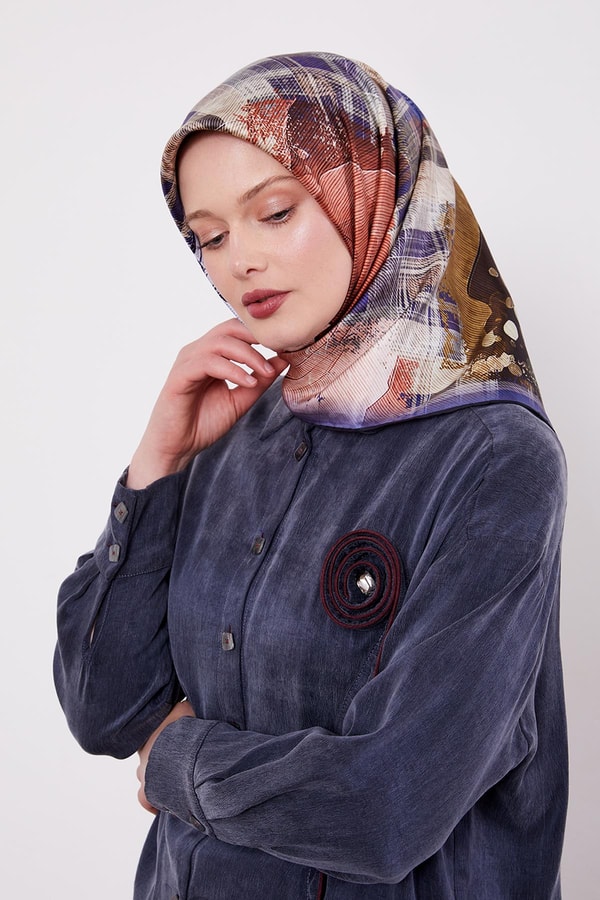 Levidorİndigo Karışık Desen Twill İpek Eşarp
