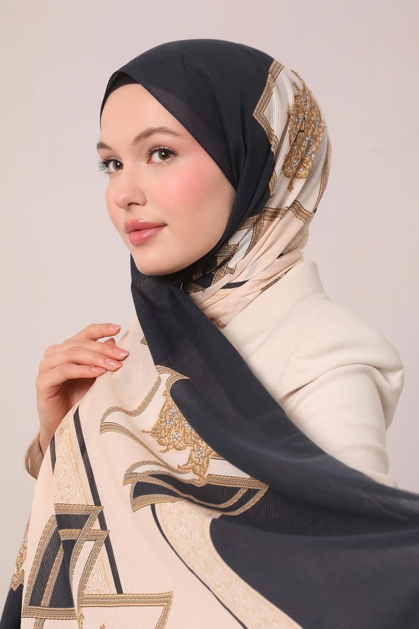 LevidorK.Lacivert Varak Desen Pamuk Şal