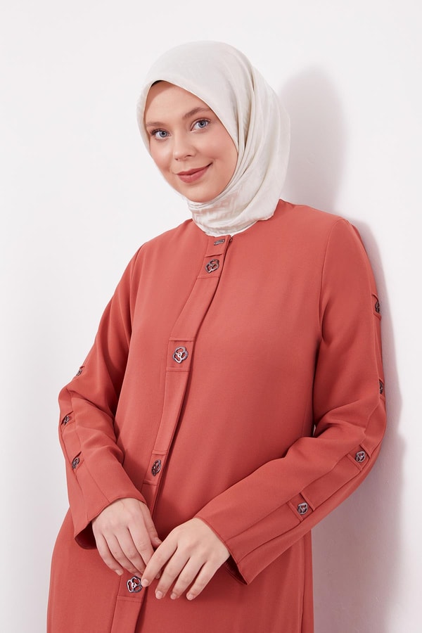 LevidorKiremit Blok Düğme Detaylı Ferace