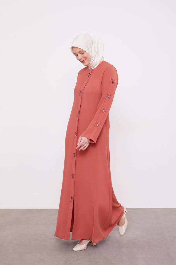 LevidorKiremit Blok Düğme Detaylı Ferace