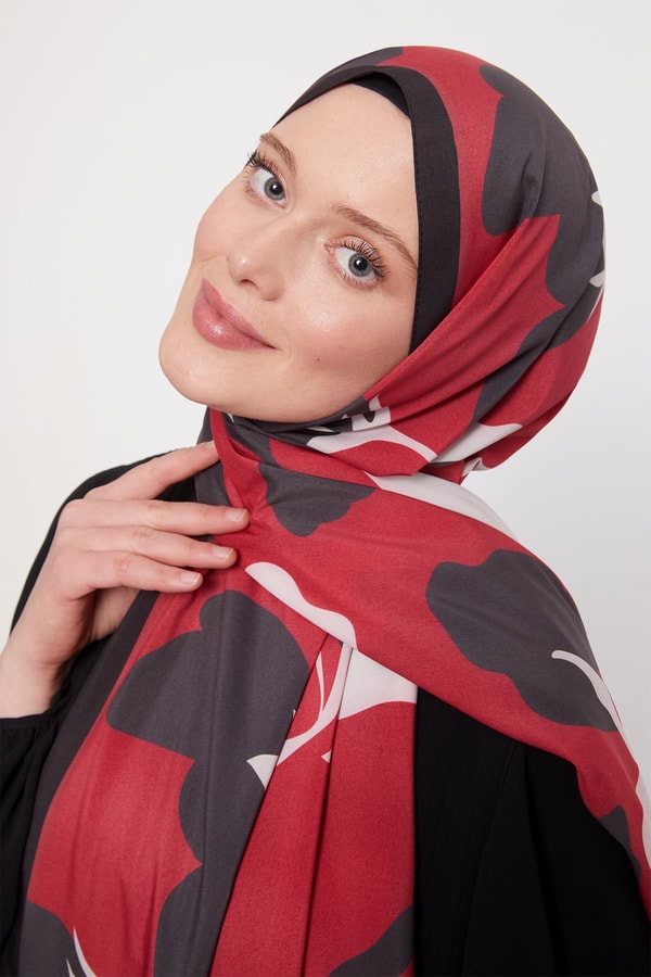 LevidorKırmızı Soyut Çiçek Desenli Elegance Şal