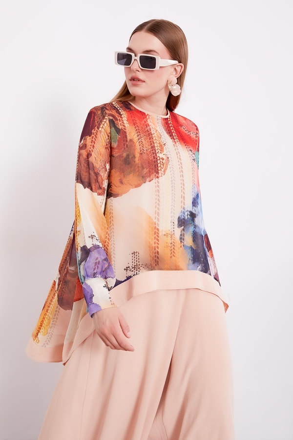 LevidorKoyu Mor Çiçek Baskılı Pantolonlu Bluz Takım