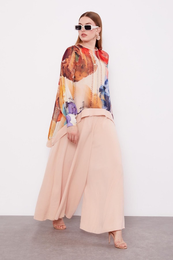 LevidorKoyu Mor Çiçek Baskılı Pantolonlu Bluz Takım