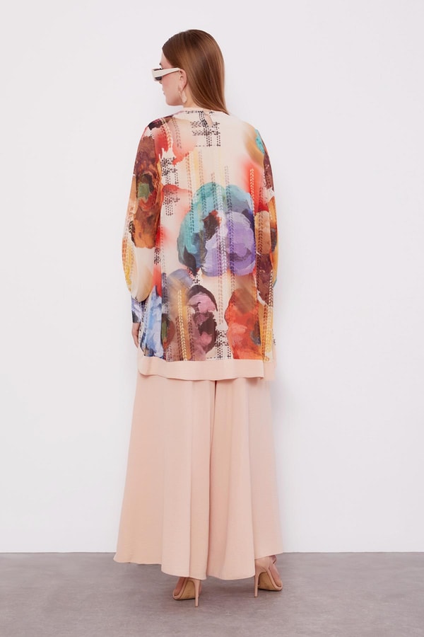 LevidorKoyu Mor Çiçek Baskılı Pantolonlu Bluz Takım