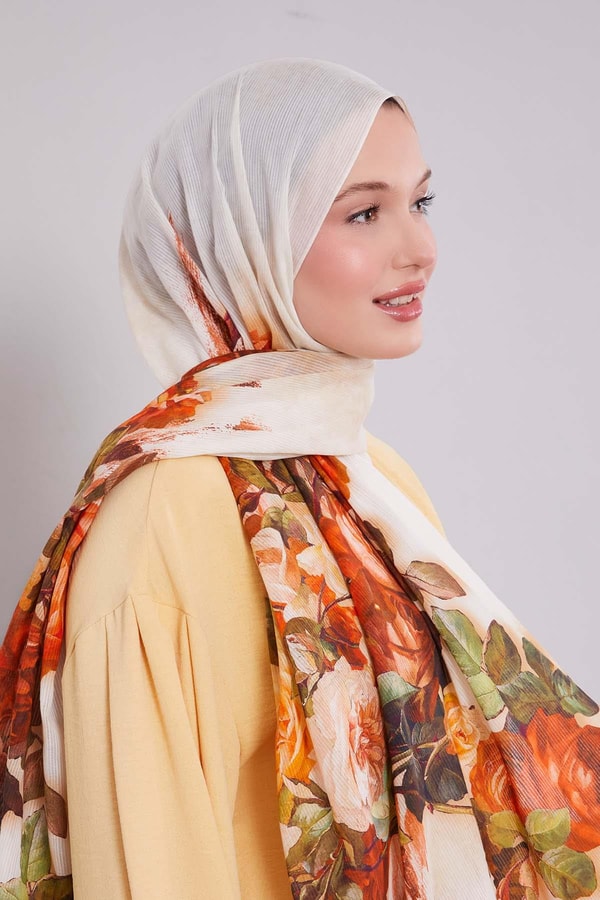 LevidorKrem Çiçek Dalı Desen Pamuk Şal