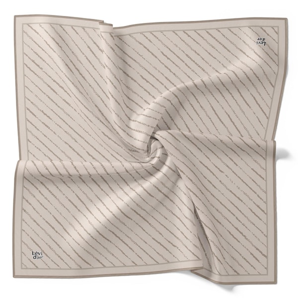 LevidorKrem Çizgili Yazı Desen Twill İpek Eşarp