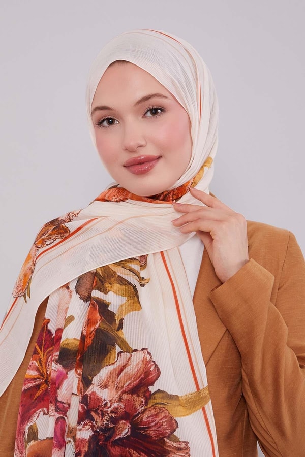 LevidorKrem Gül Desen Pamuk Şal