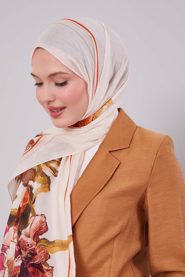 LevidorKrem Gül Desen Pamuk Şal
