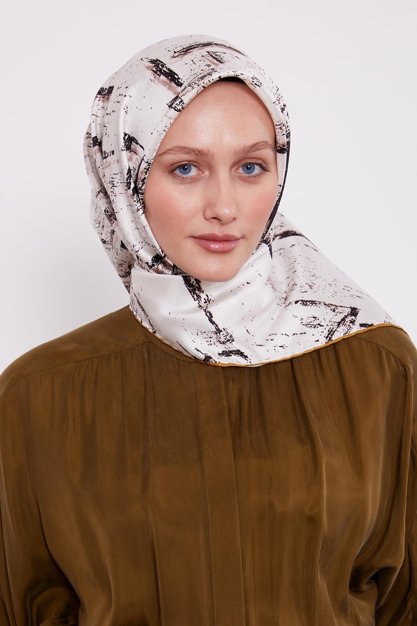 LevidorKrem Karışık Fırça Desen Twill İpek Eşarp