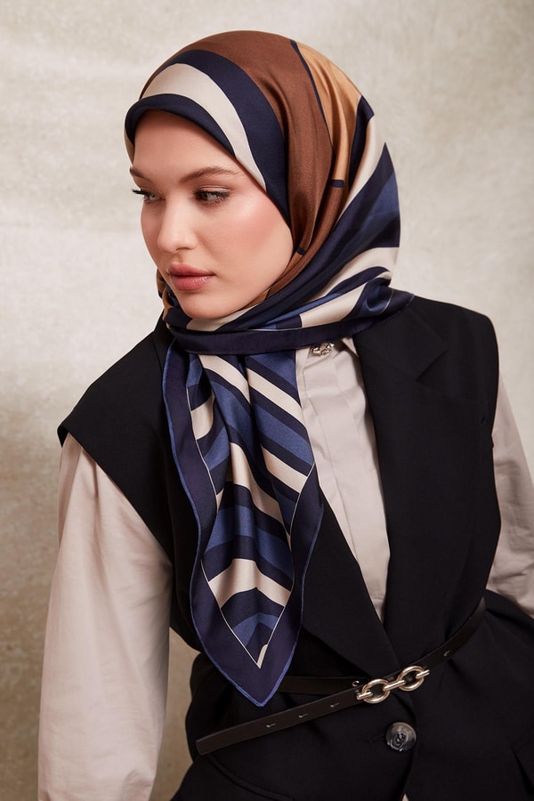LevidorLacivert Kalın Çizgili Twill İpek Eşarp