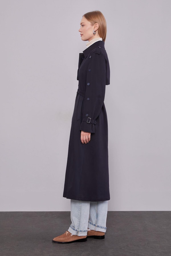 LevidorLacivert Kol Düğme Detaylı Trençkot