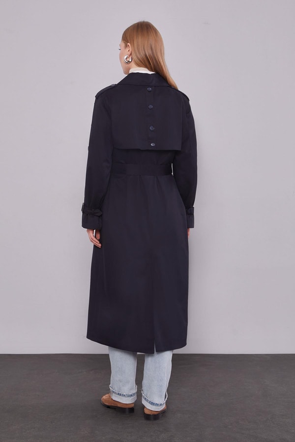 LevidorLacivert Kol Düğme Detaylı Trençkot