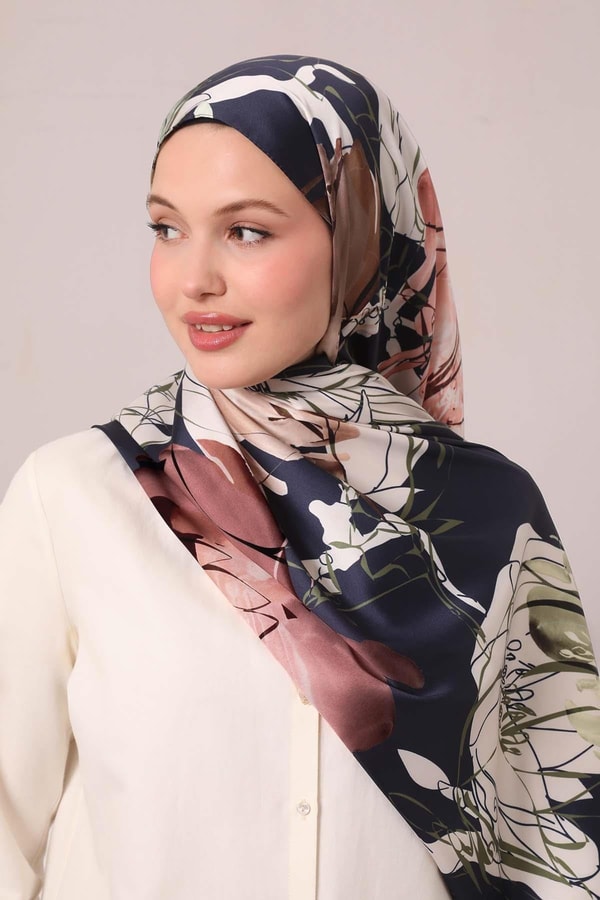 LevidorLacivert Soyut Çiçek Desen Twill Şal