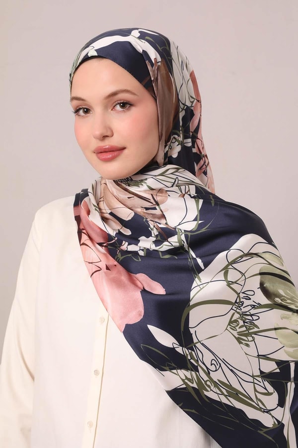LevidorLacivert Soyut Çiçek Desen Twill Şal
