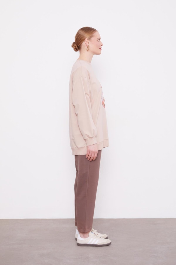 LevidorLatte Çiçek Baskılı Bisiklet Yaka Sweat