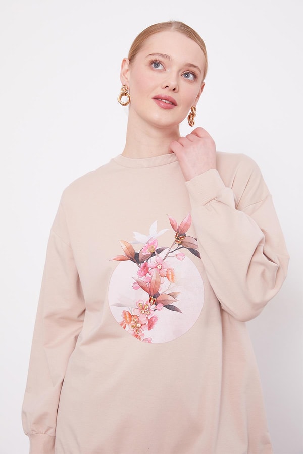 LevidorLatte Çiçek Baskılı Bisiklet Yaka Sweat