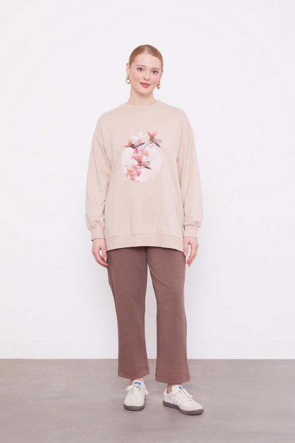 LevidorLatte Çiçek Baskılı Bisiklet Yaka Sweat