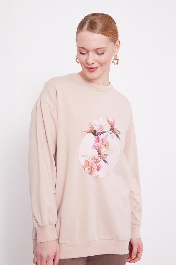 LevidorLatte Çiçek Baskılı Bisiklet Yaka Sweat
