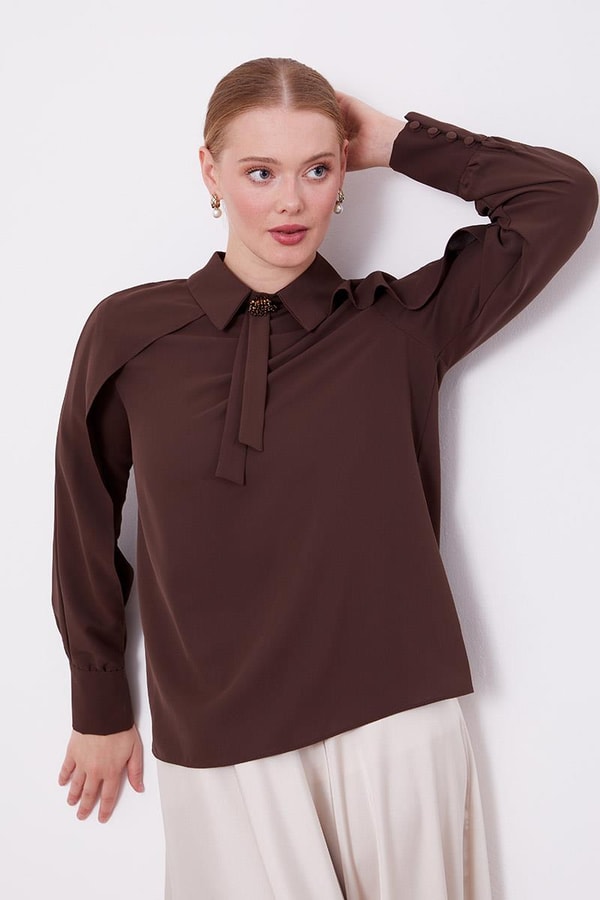 LevidorLevidor Acı Kahve Yaka Taş Detaylı Bluz