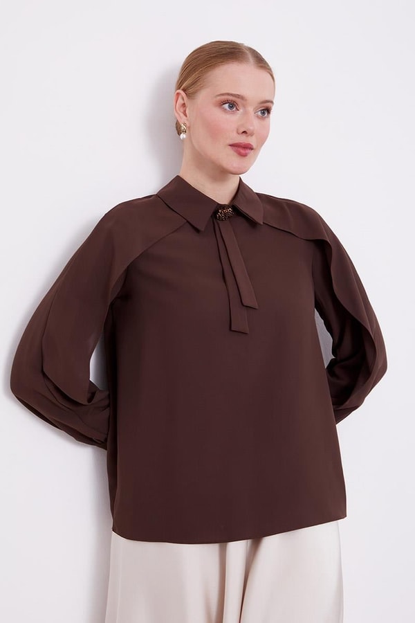 LevidorLevidor Acı Kahve Yaka Taş Detaylı Bluz