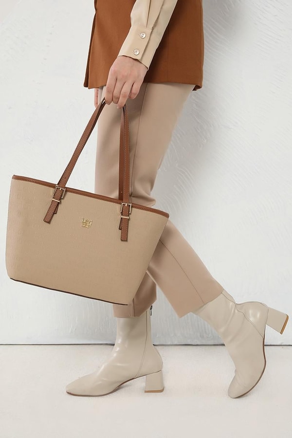 LevidorLevidor Altın Sarısı Monogram Baskılı Tote Çanta