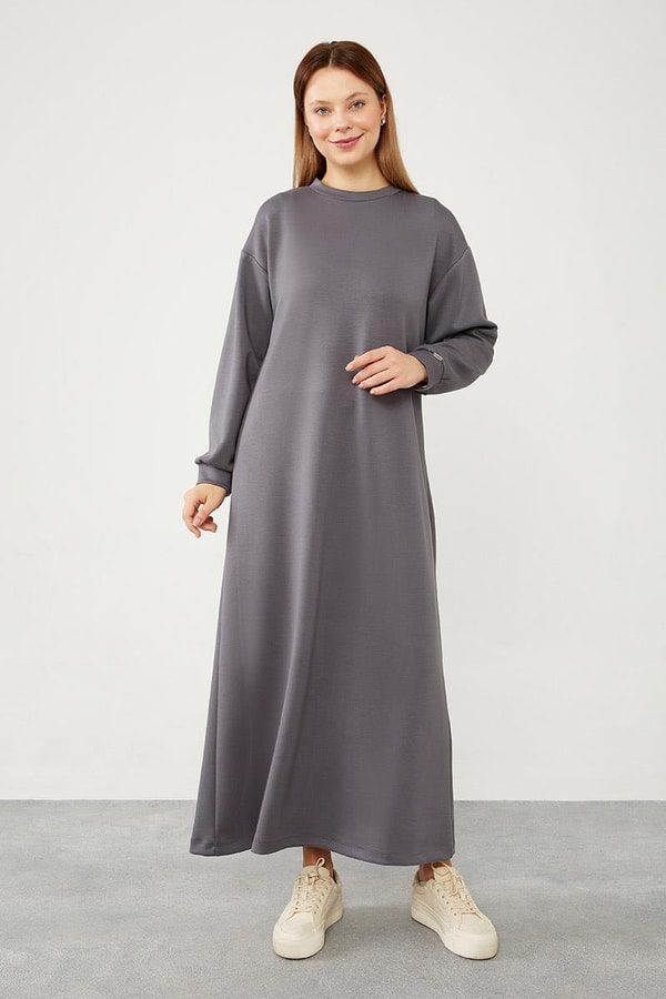 LevidorLevidor Antrasit Bisiklet Yaka Kolları Ribanalı Elbise