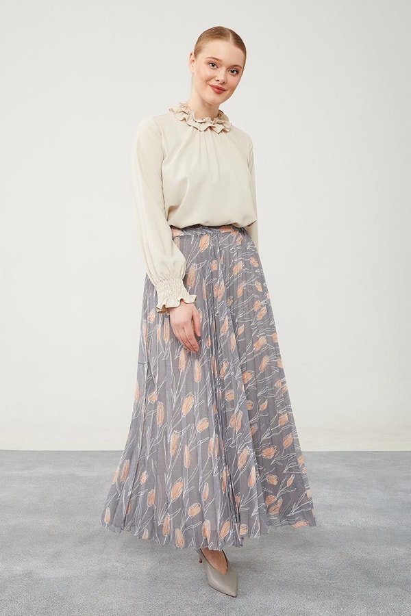 LevidorLevidor Antrasit Çiçek Desen Şifon Etek