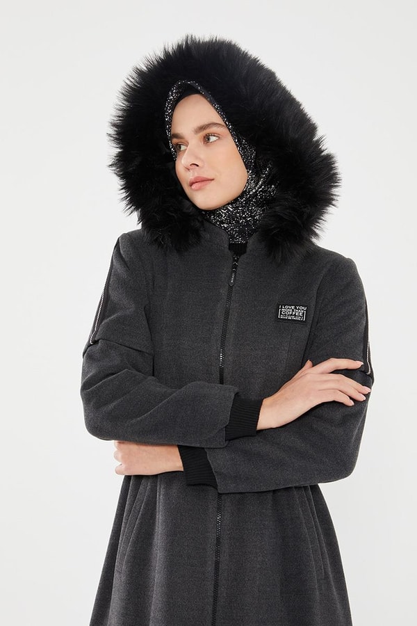 LevidorLevidor Antrasit Kapşonu Kürklü Kol Ağzı Ribanalı Kaban