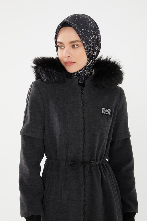 LevidorLevidor Antrasit Kapşonu Kürklü Kol Ağzı Ribanalı Kaban