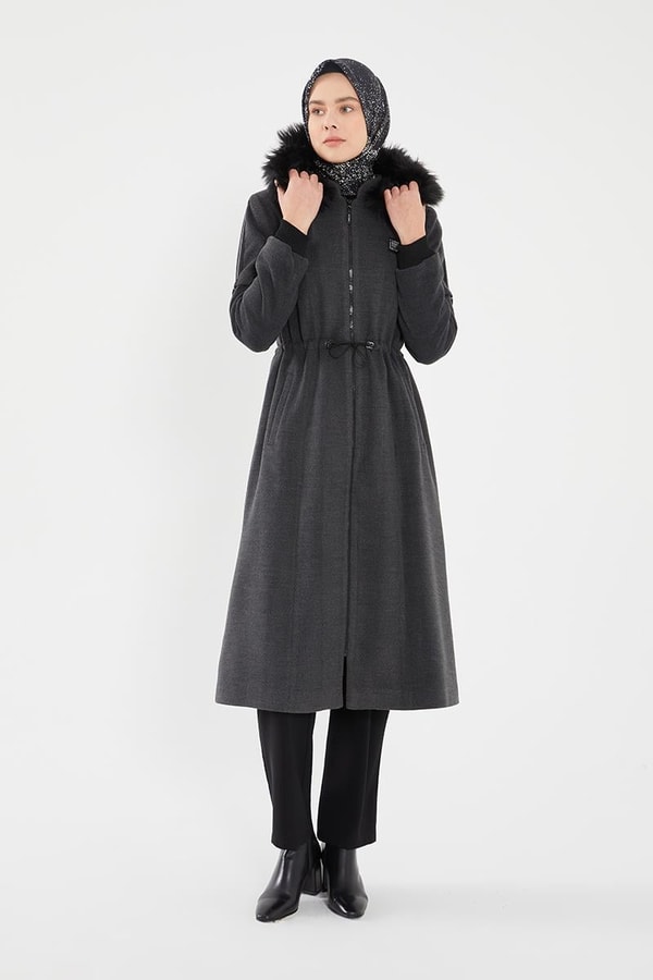 LevidorLevidor Antrasit Kapşonu Kürklü Kol Ağzı Ribanalı Kaban