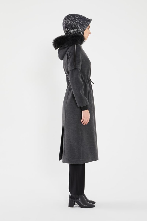 LevidorLevidor Antrasit Kapşonu Kürklü Kol Ağzı Ribanalı Kaban