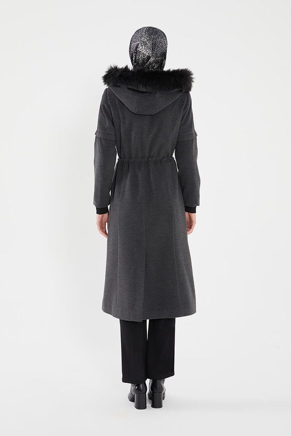 LevidorLevidor Antrasit Kapşonu Kürklü Kol Ağzı Ribanalı Kaban