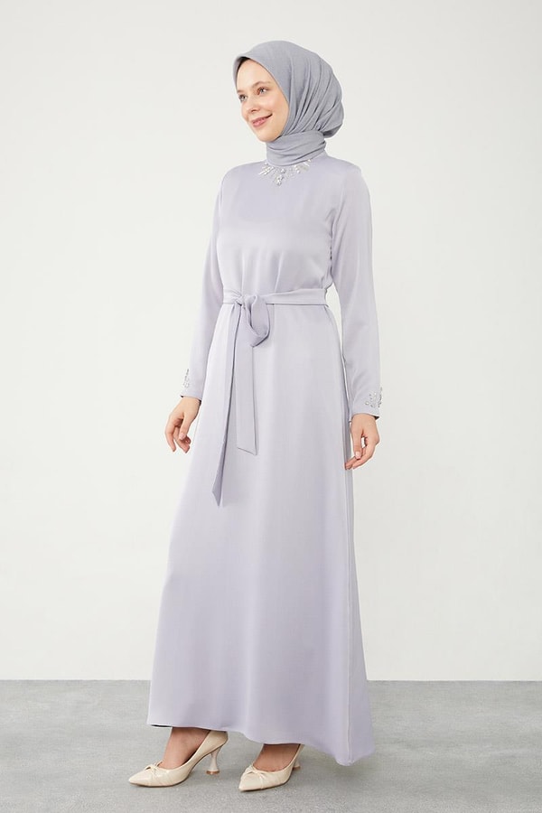 LevidorLevidor Antrasit Taş İşleme Detaylı Kuşaklı Elbise