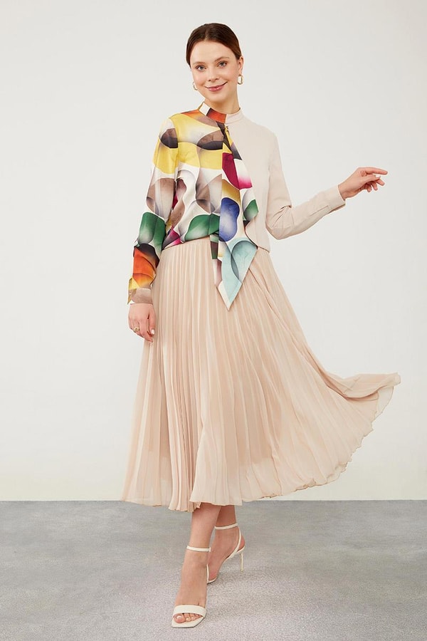 LevidorLevidor Bej Balon Desen Şifon Bluz