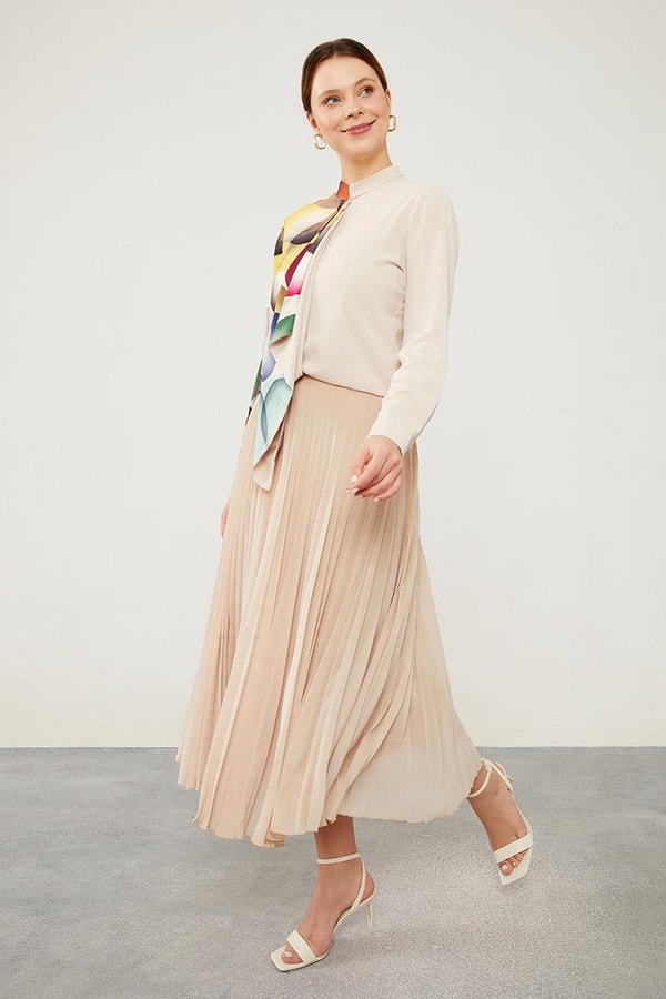 LevidorLevidor Bej Balon Desen Şifon Bluz